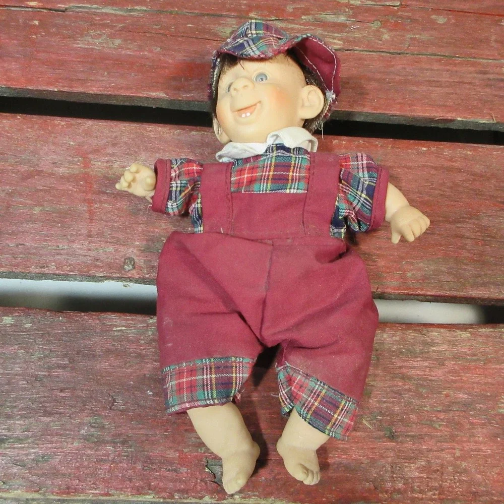 VTG GIGO My Pals Little Boy Doll Plaid Cap Overalls Smiling Blue Eyes 10.5